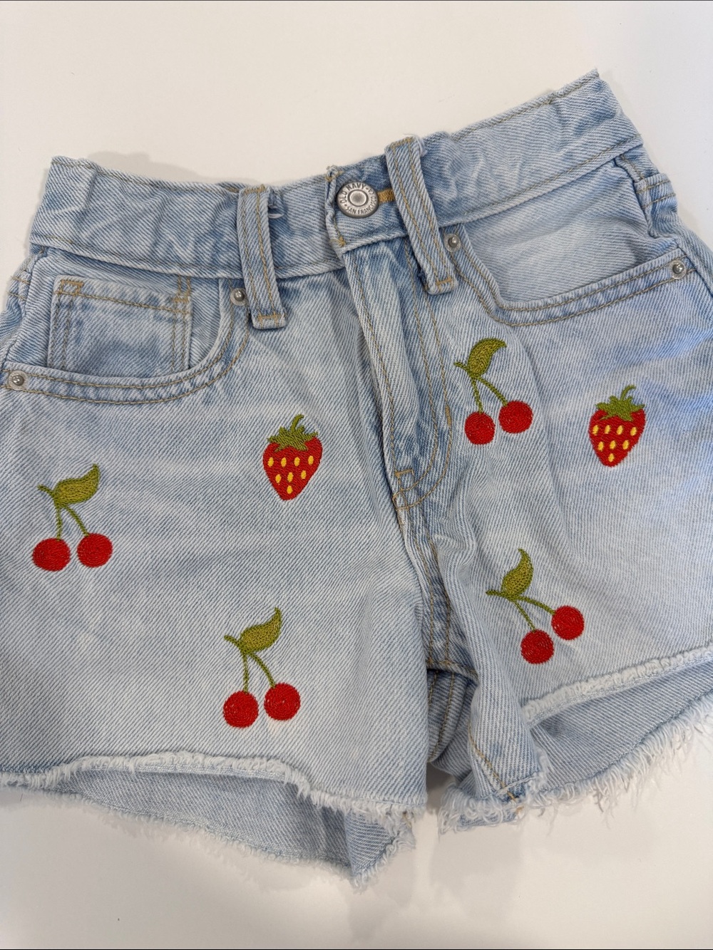 Light Wash Denim Shorts with Red Fruit Embroidery size 8 cherries strawberries